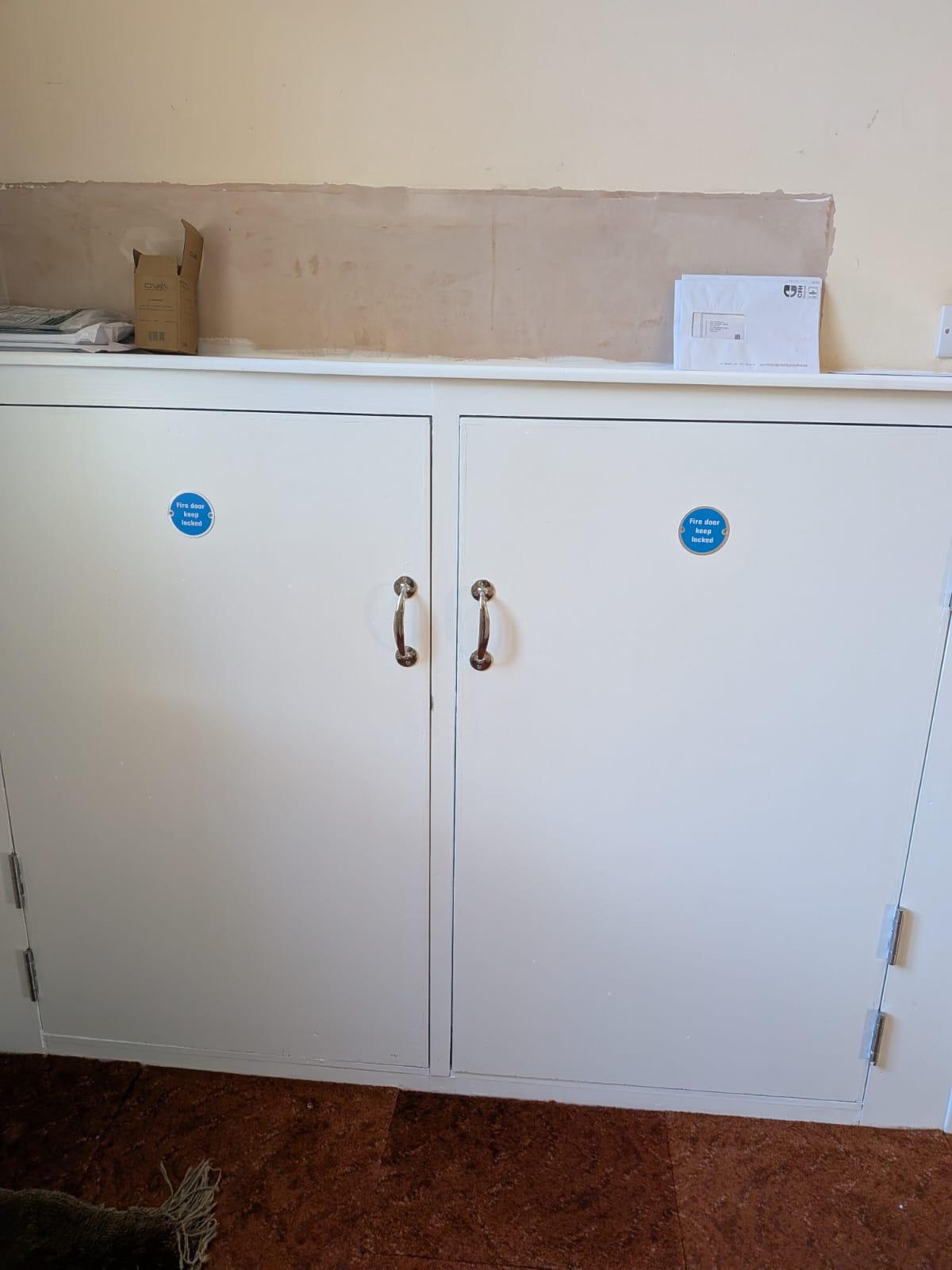 Completed pair of white fire-rated cupboard doors